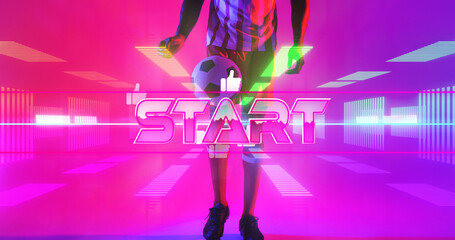Low section of start text and caucasian soccer player with abstract neon, copy space