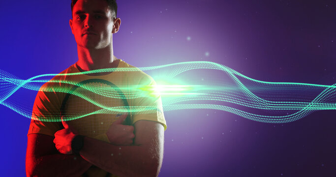 Composite of young caucasian tennis player with neon wave pattern, copy space
