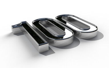 Isolated Number 100 on Silver Metal on White Background. 3D Render Illustration.