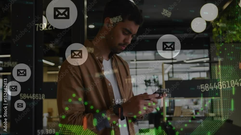 Poster animation of mail icons, graph and processing data over asian businessman using smartphone in office