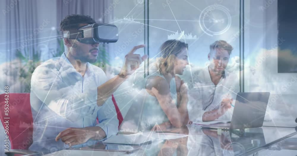 Aufkleber animation of communication network and clouds over businessman using vr headset in office