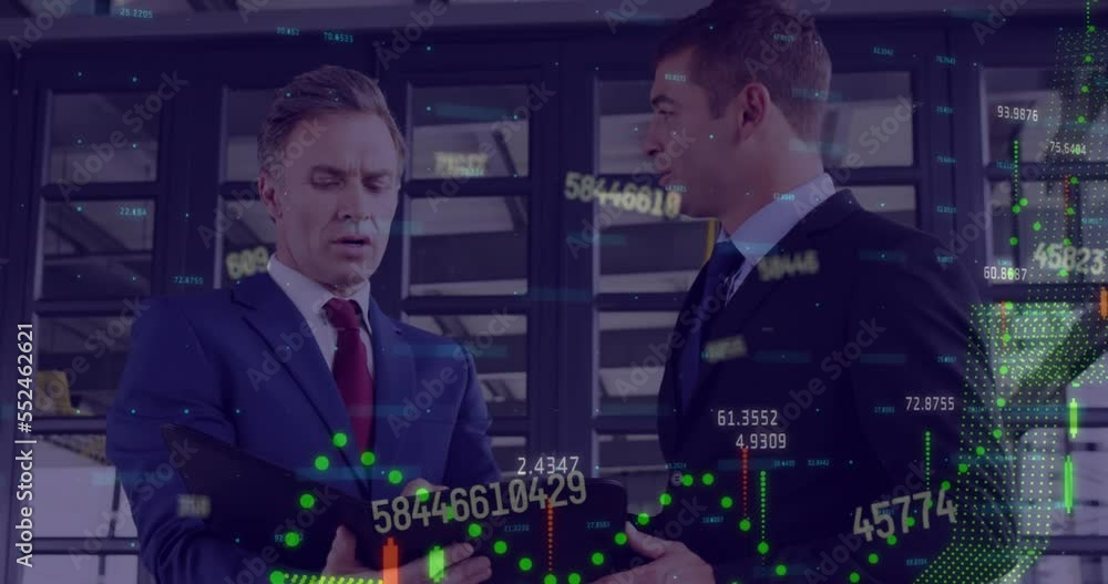 Sticker animation of graph and data processing over two caucasian businessmen using tablet talking in office