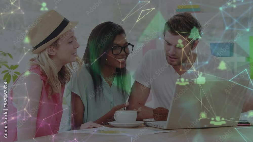 Aufkleber animation of networks and communication icons over diverse colleagues using laptop