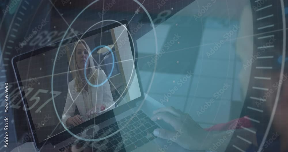 Poster animation of scanner processing data over two diverse colleagues making video call on laptop