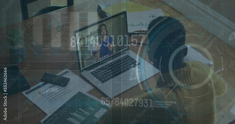 Aufkleber animation of scanner processing data over two diverse colleagues making video call on laptop