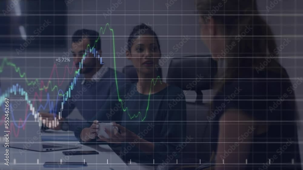 Poster animation of graph processing data over diverse colleagues talking at office meeting