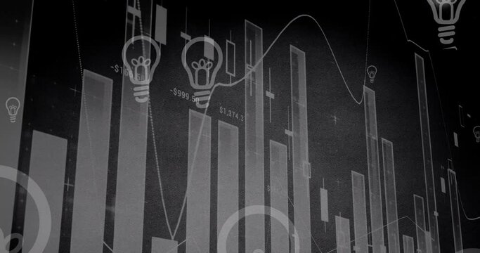 Animation of light bulb icons and graph processing financial data on grey background