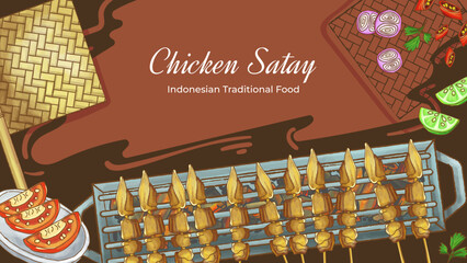 Food 06-Hand Drawn Putu Ayu Cake BackgroundHand Drawn Chicken Satay Indonesian Traditional Food Background