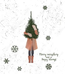 A girl holds a Christmas tree in her hands. Illustration in a minimalist style with a greeting text