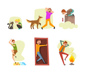 People with Different Phobias and Fears Afraid of Cat, Dog, Height, Water, Fire and Enclosure Vector Set