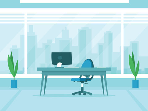 Empty office interior with large window. Window overlooking city buildings. Boss workplace. Table with computer and armchair. Vector graphics