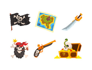 Pirate Skull, Gun, Treasure Chest, Sword, Map and Flag Vector Set