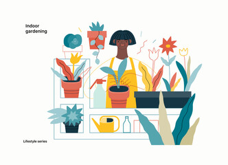 Lifestyle series - Indoor gardening - modern flat vector illustration of a woman gardening at home - planting and watering. People activities concept