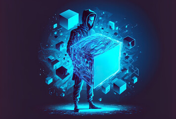 Naklejka premium Hacker with laptop standing within abstract cube hologram on double exposed blue background using metaverse software in the future. Generative AI