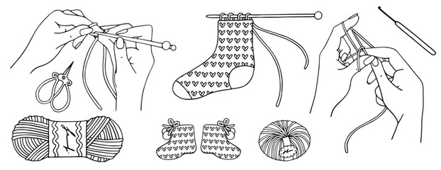 A set of sketches of sewing accessories and yarn for knitting and needlework. Female hands in the process of knitting. Vector graphics.