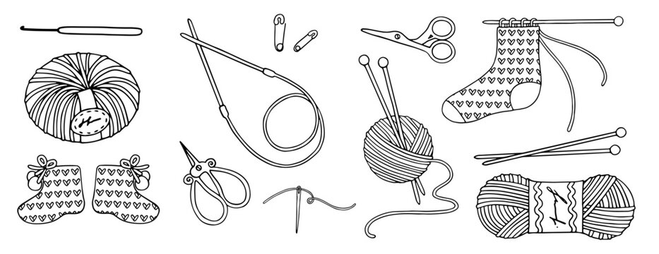Set of sketches of sewing accessories and yarn for knitting and needlework.Vector graphics.