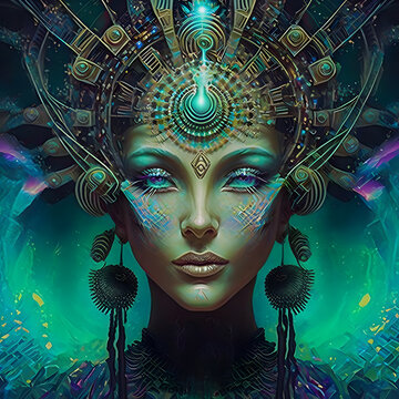 psychedelic woman full face portrait looking straight into camera, neural network generated art