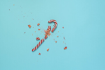 Christmas, New Year. Broken New Year's lollipop. Top view, flat lay