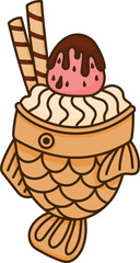 Taiyaki ice cream japanese pastry. Fish shaped cake with vanilla ice cream and strawberry. Japanese street food