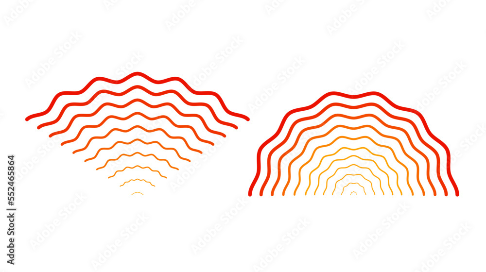 Poster Red rippled wave signals. Sonar or sound wavy lines. Epicentre, target, radar, vibration element concepts. Radio pulsating signal. 