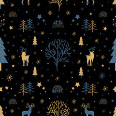 Cute Christmas seamless pattern on the black background. Deers, stars, snowflakes, plants, stars, rainbow. Blue and gold elements. Vector illustration template for christmas wrapping paper, package.