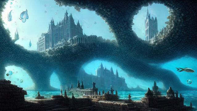 Ancient majestic sunken city of Atlantis civilization. Fantasy city at the bottom of the ocean. AI