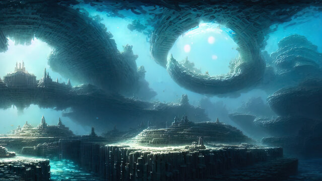 Ancient majestic sunken city of Atlantis civilization. Fantasy city at the bottom of the ocean. AI