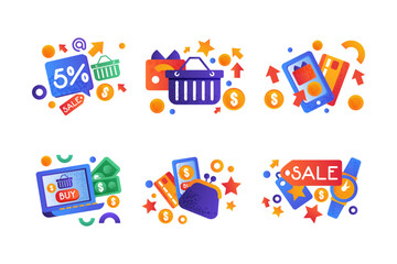 Obraz premium Shopping Flat and Colorful Icon with Basket, Sale Tag, Smartphone, Purse and Laptop Vector Set