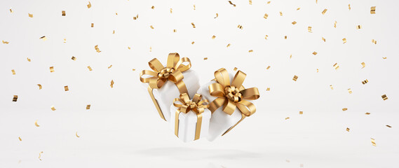 Modern, Trendy White And Golden Gift Boxes And Confetti. New Year, Christmas, Birthday, Prize Concept Background - 3D Illustration