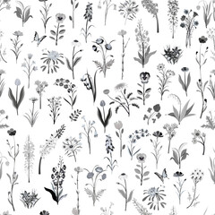 Different types of wild flowers. Seamless pattern. Fabric texture.