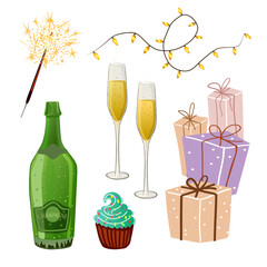 Festive set, a bottle of champagne, two glasses of champagne, sparklers and gifts.