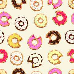 Donuts with multi-colored glaze. Seamless pattern. fabric texture.