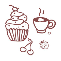 Stylized cup of coffee and cupcake with cream.