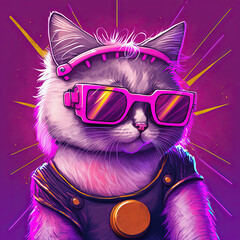 Fototapeta Cool neon party cat in sunglasses. Generative AI. Not based on any obraz