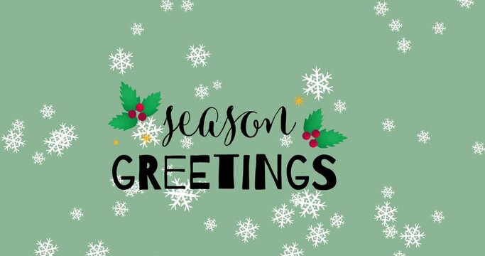 Snowflakes falling over seasons greetings text and mistletoe icons on green background