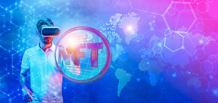 man waering 3D vr headset touching globe with NFT sign on neon color background with world map and digital symbol