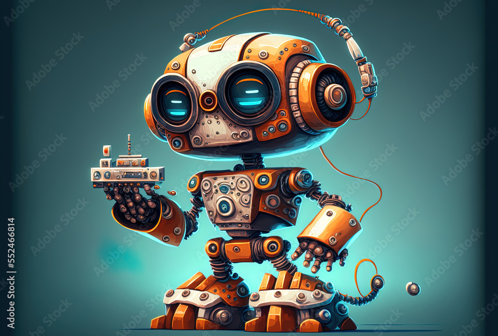 Poster adorably intelligent robot with a robotic arm. generative ai