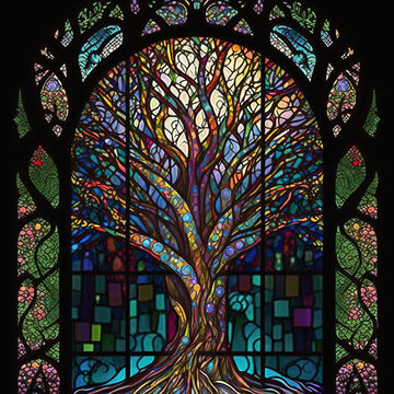 Arch stained glass window with magic tree. Generative AI. Not based on