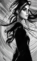 futuristic fantasy woman, generative ai illustration, black and white, ink sketch style, (these depiction is fictitious and generated)