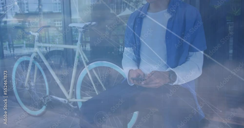 Poster animation of network of connections and sky with clouds over african american using smartphone