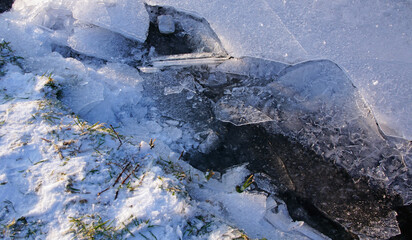 Eingebrochene Eisschollen an einem Bach. Die Sonne scheint, es ist Winter. 