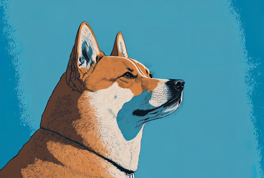 Looking up is an akita dog. solitary profile shot on a blue background. Generative AI