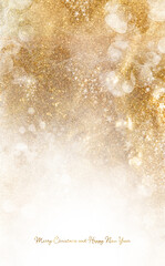 Golden glittering Christmas card. Festive background of shiny shimmering sparkles. Vertical format with copy space for your greetings