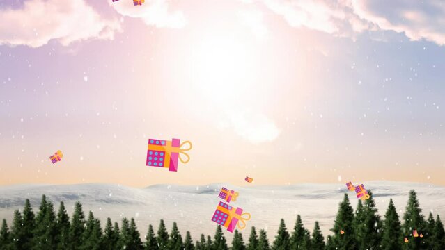 Animation of presents falling at christmas over fir trees