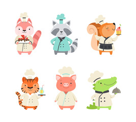 Cute Animals in Chef Uniform Cooking Delicious Dishes Vector Set