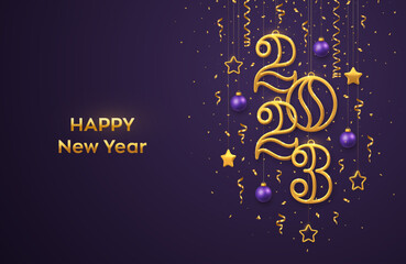 Fototapeta na wymiar Happy New 2023 Year. Hanging Golden metallic numbers 2023 with shining 3D metallic stars, balls and confetti on purple background. New Year greeting card banner template. Realistic Vector illustration