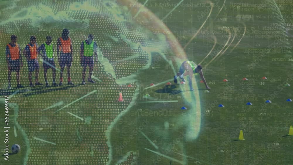 Poster animation of data processing over soccer players and globe
