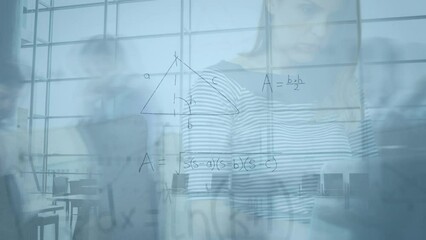 Animation of mathematical equations over diverse business people in office - Powered by Adobe