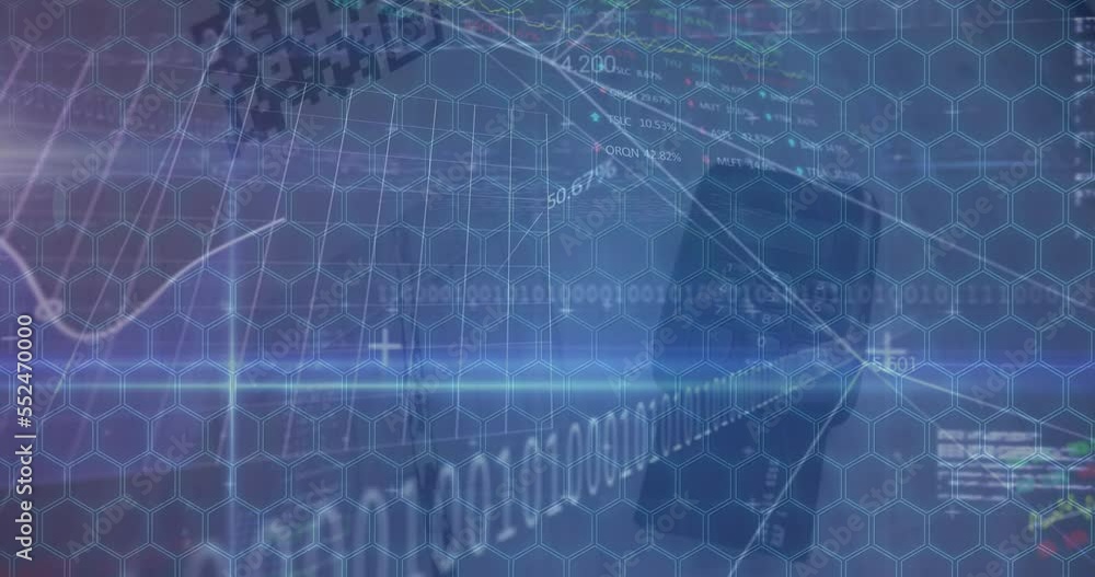 Poster animation of shapes over data processing and network of connections on white background