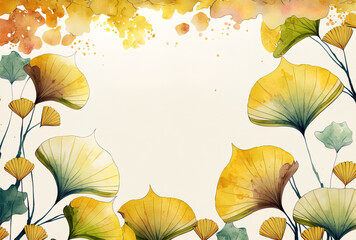autumnal watercolor backdrop with gingko leaf borders. Generative AI